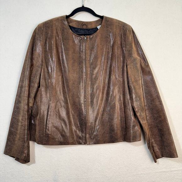 Valerie Steven’s Collarless Brown Snakeskin Print Leather Jacket Size X-Large XL - Picture 1 of 8